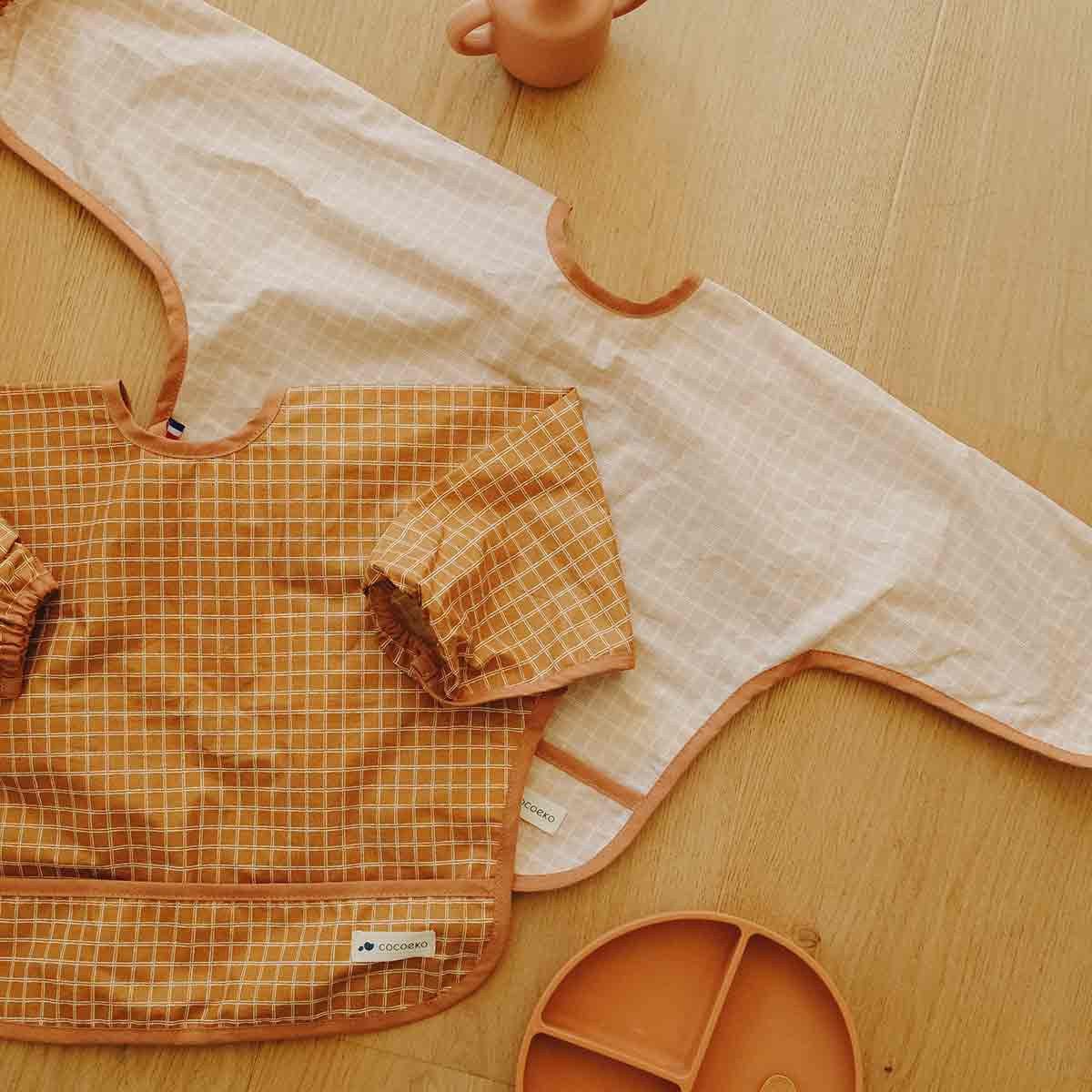 Camel and nude checkered long-sleeved bibs