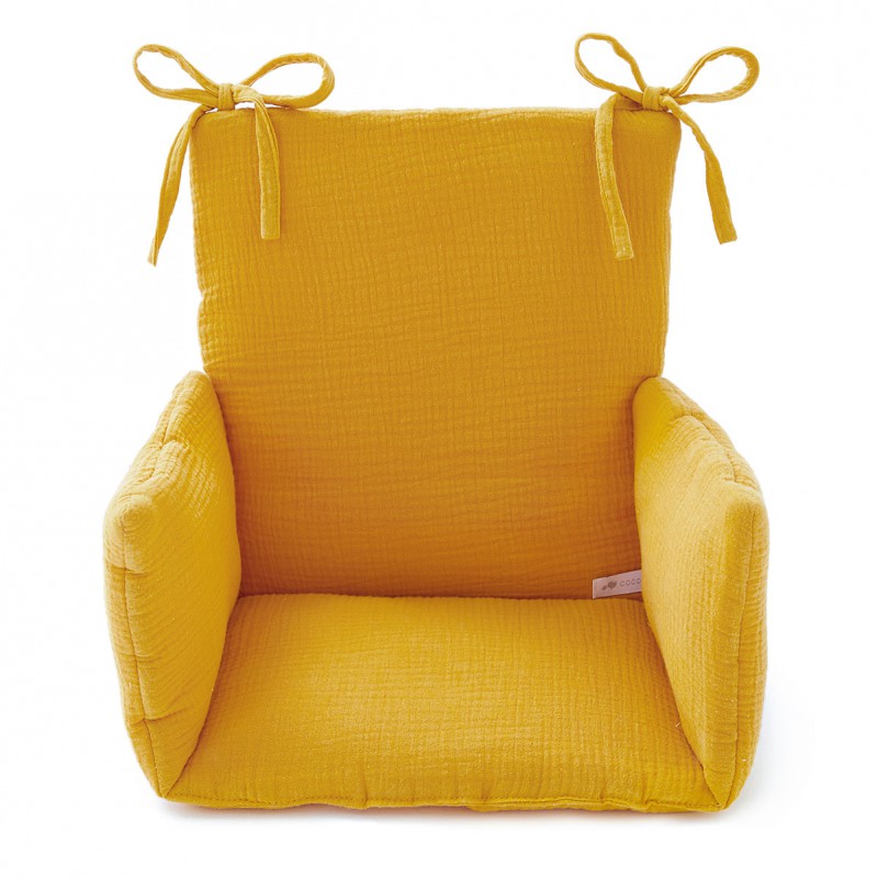 Coussin de chaise haute bébé en gaze de coton uni moutarde  Cocoeko
