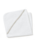 Cape de bain bébé blanche pliée, biais couleur lin