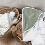 Customized white and sage green bath cape