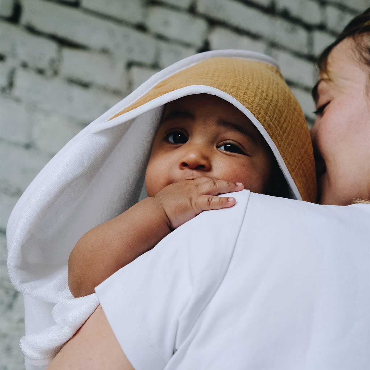 Camel apron bath cape close-up