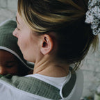 Sage green apron bath cape close-up