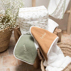 Personalized bathing cap in camel and sage green