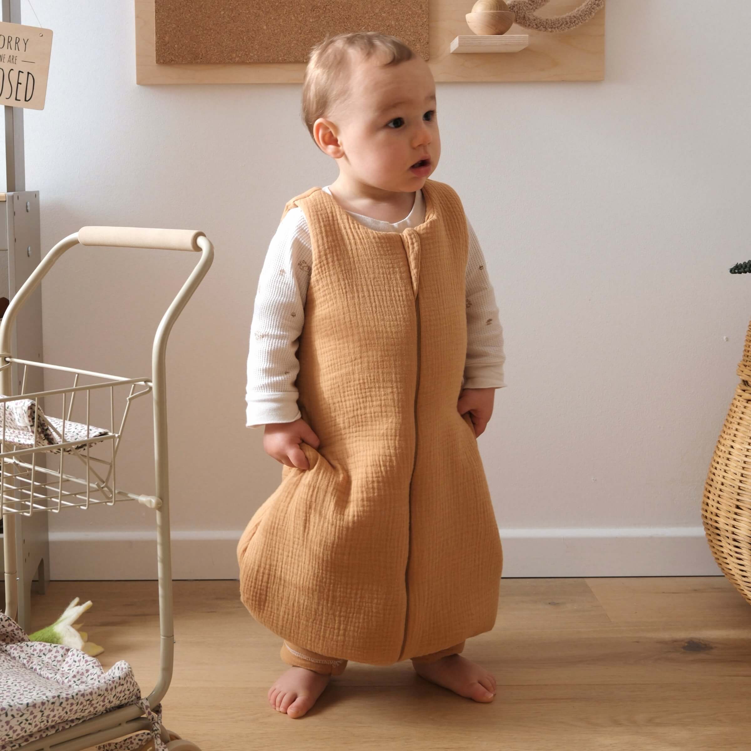 Sleeping bag with camel-colored feet
