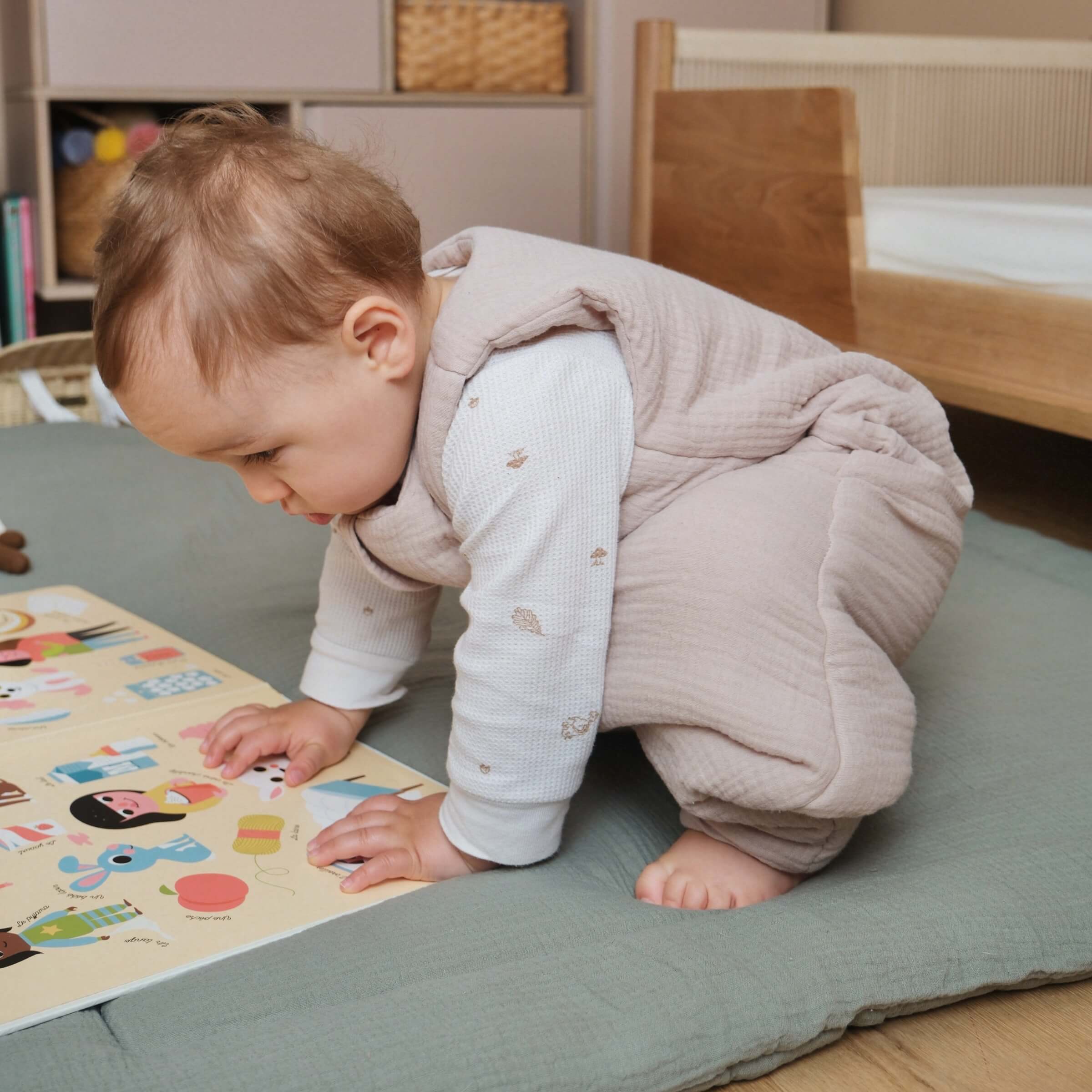 Beige sleeping bag with feet