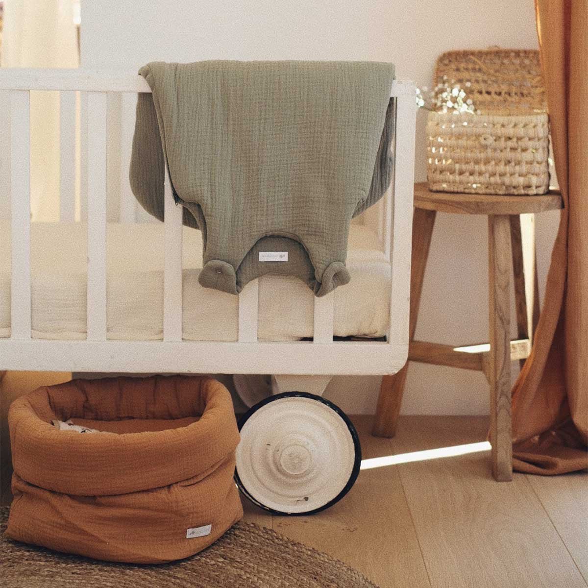 Sage green cotton gauze sleeping bag for baby's room