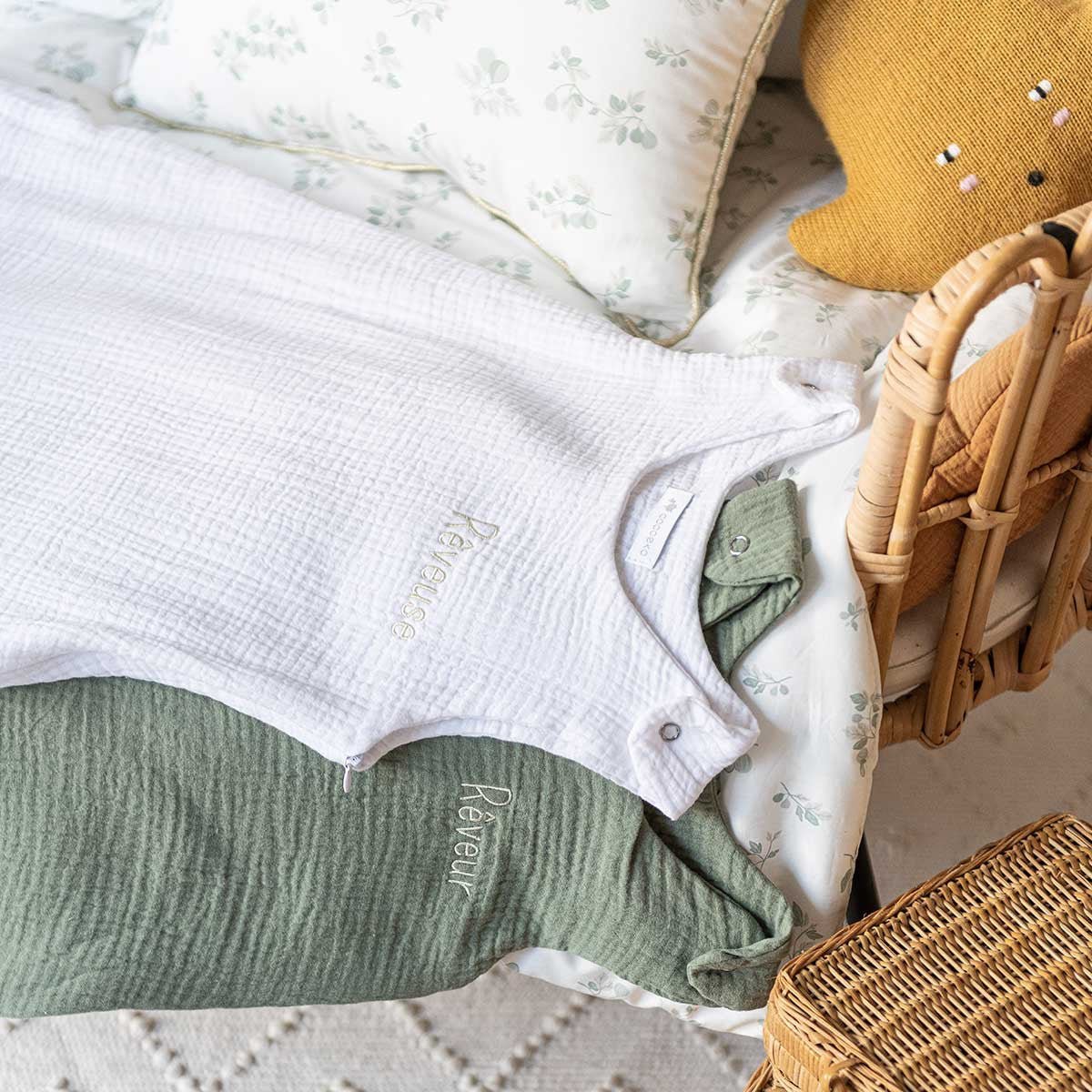 tog 1 white and green sleeping bags close up