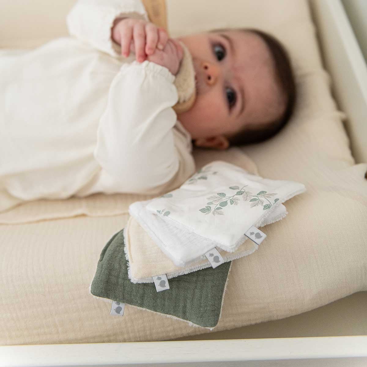Off white cotton gauze changing mat cover, close-up view