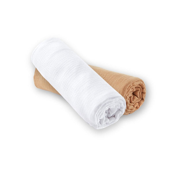 Lot de 2 draps-housse de coloris blanc et camel