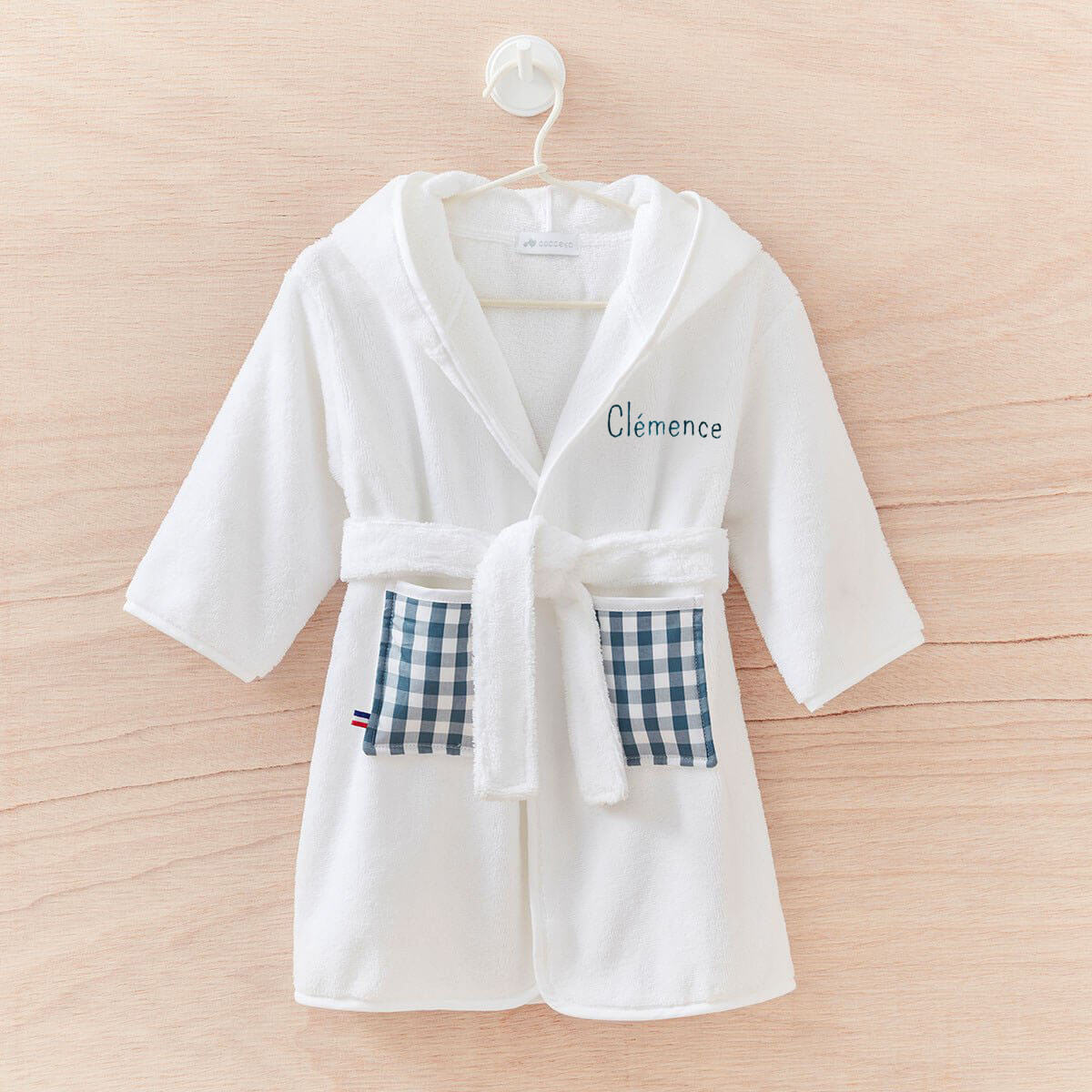 Personalized white and blue gingham children's bathrobe