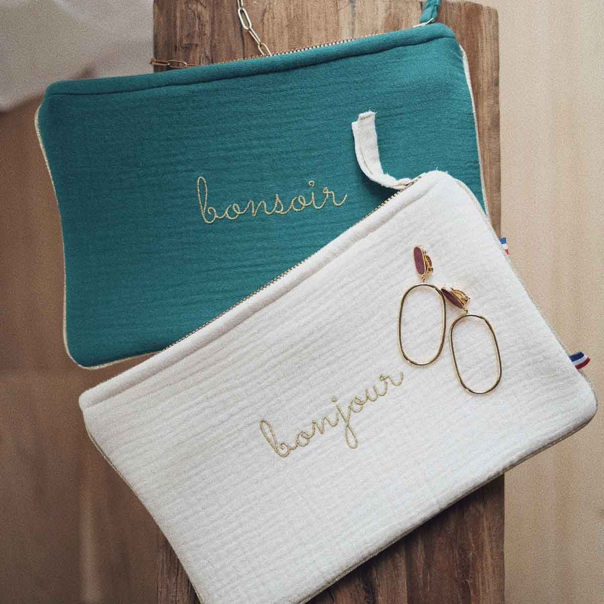 bonjour embroidered ecru lady's clutch bag