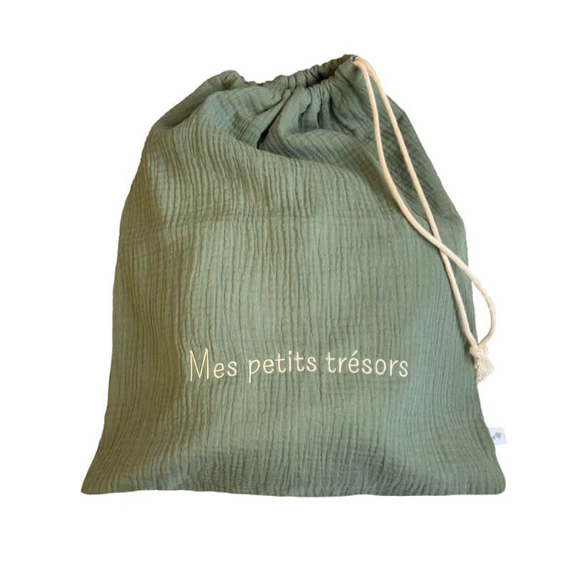 Baby storage pouch in sage green cotton gauze