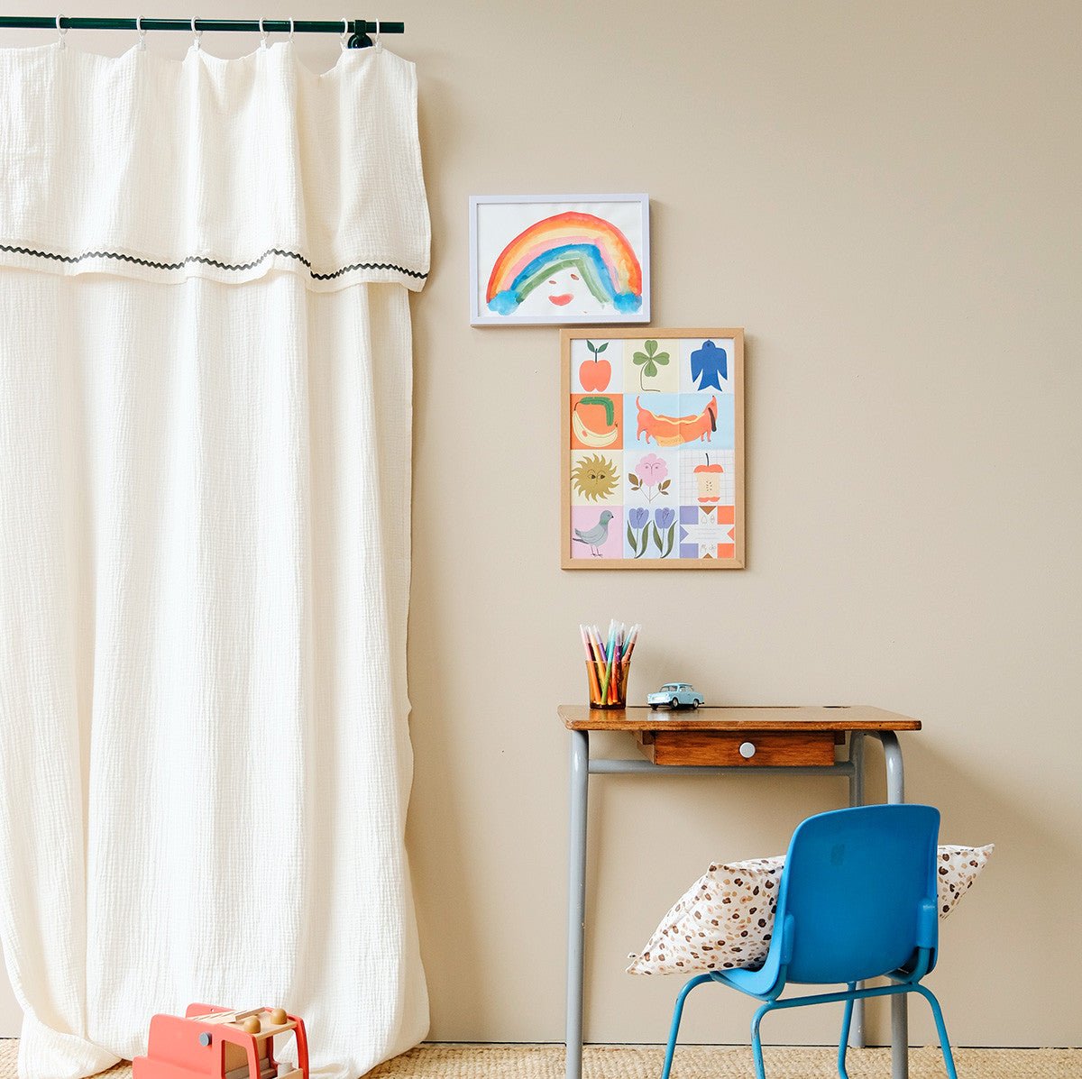 Ecru and khaki cotton gauze curtain