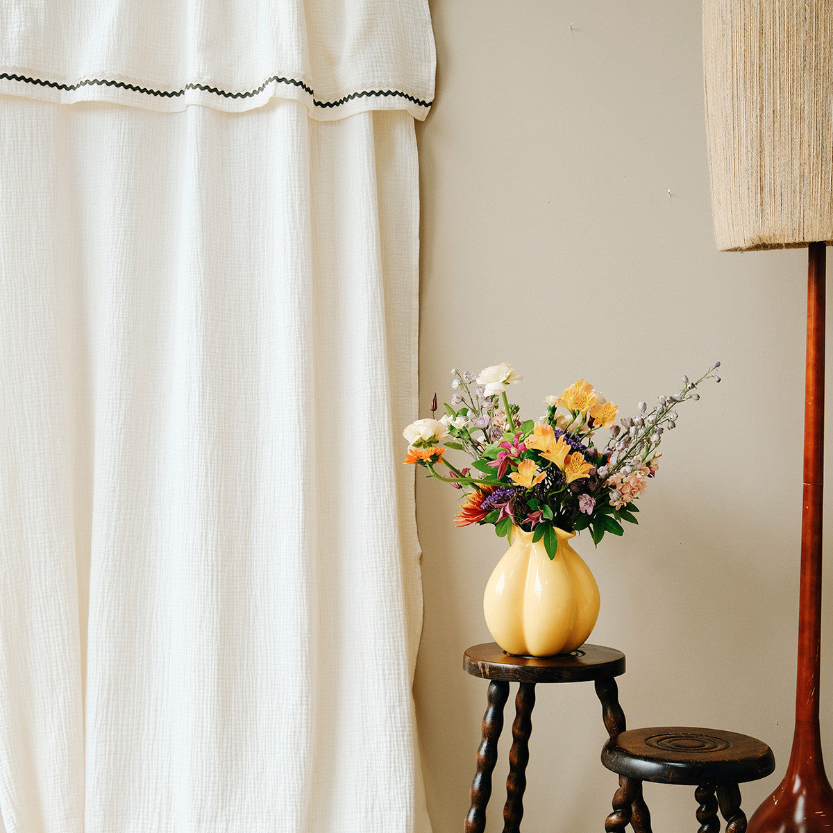 Close-up of khaki cotton gauze curtain