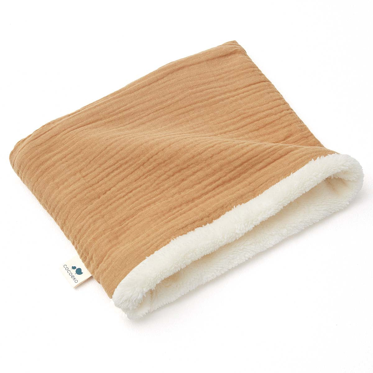 Snood enfant en gaze de coton camel doublé de polaire écrue