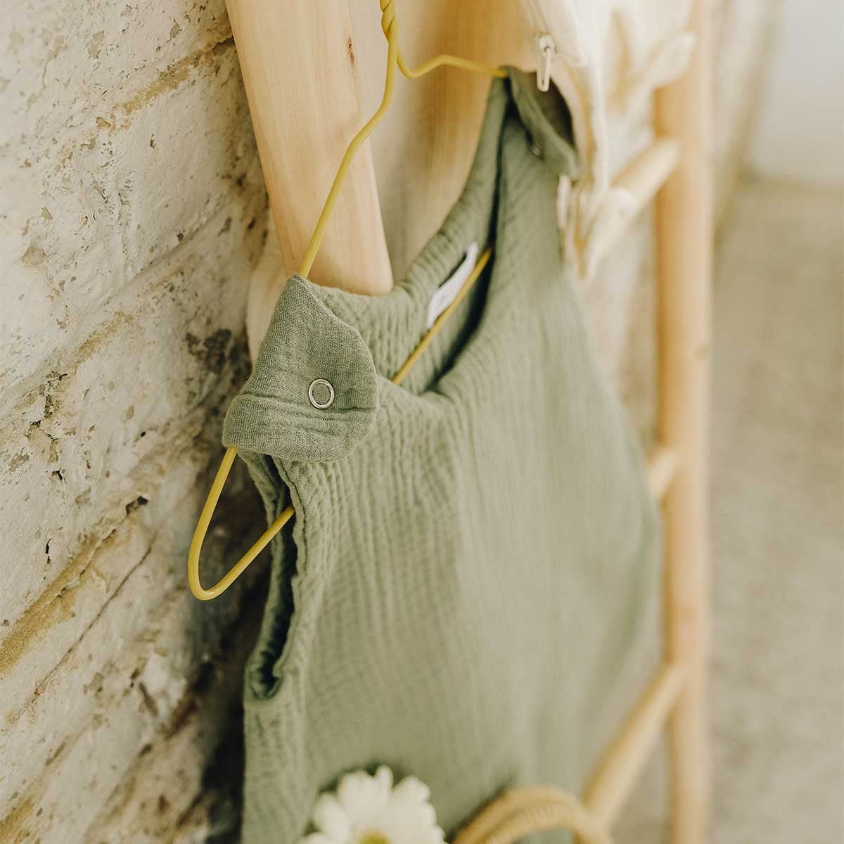 Summer sleeping bag, sage green, close-up view